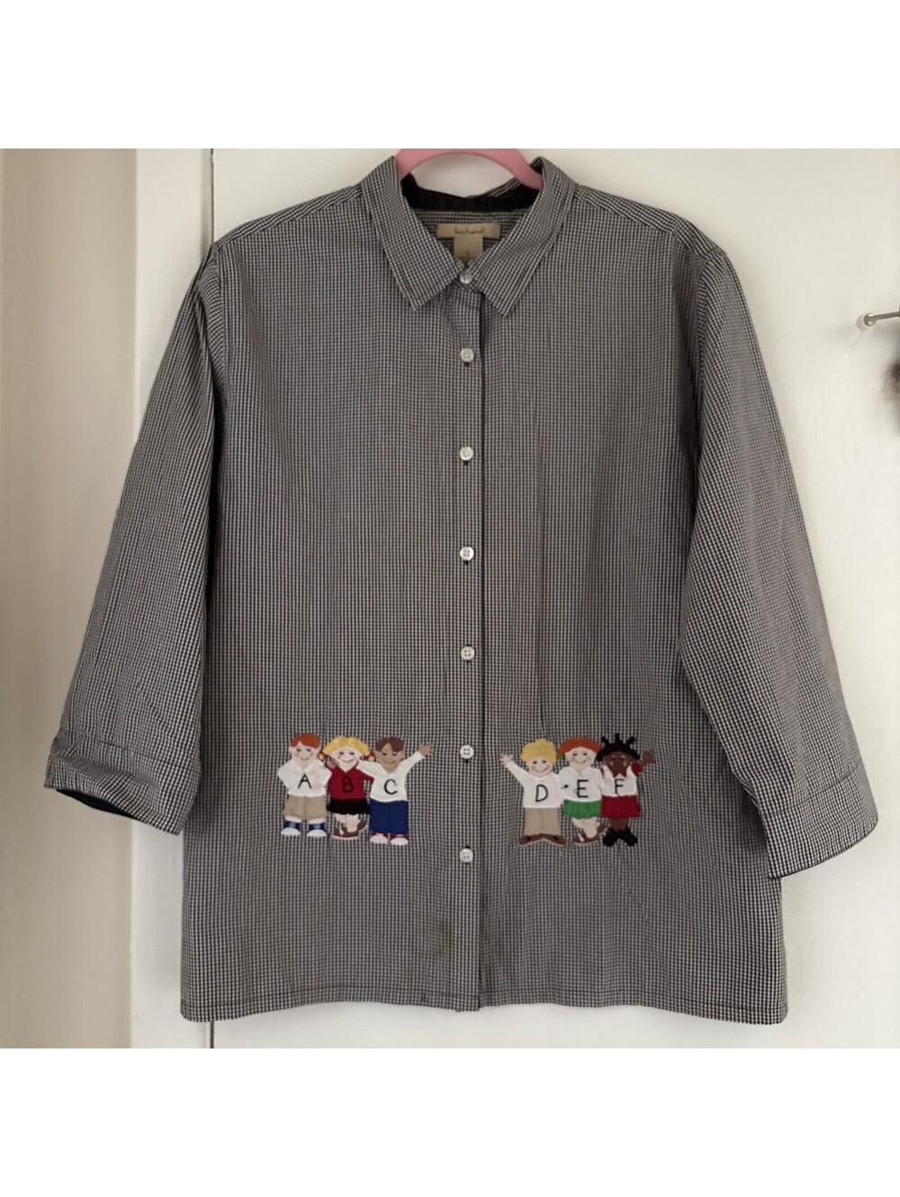 Vintage Bechamel Teacher Top Womens L Check Cotton Embroidered Elementary ABCs